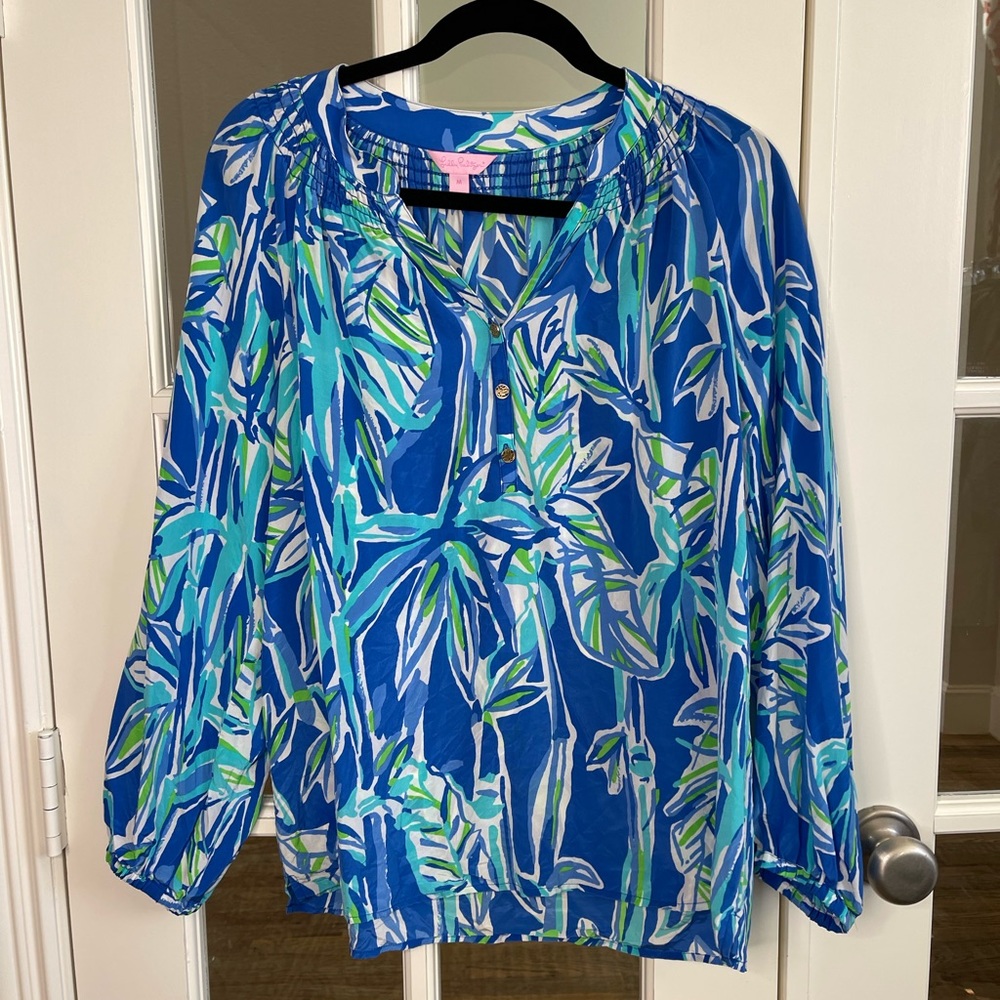 Lilly Pulitzer Elsa Silk Top Sz M Blue Crush Bamboom